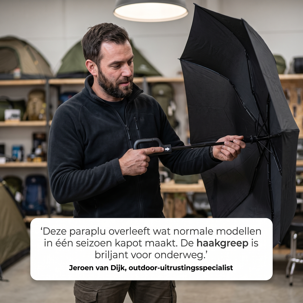 Para+™ – Extra sterke stormparaplu. Haak vast en neem mee.