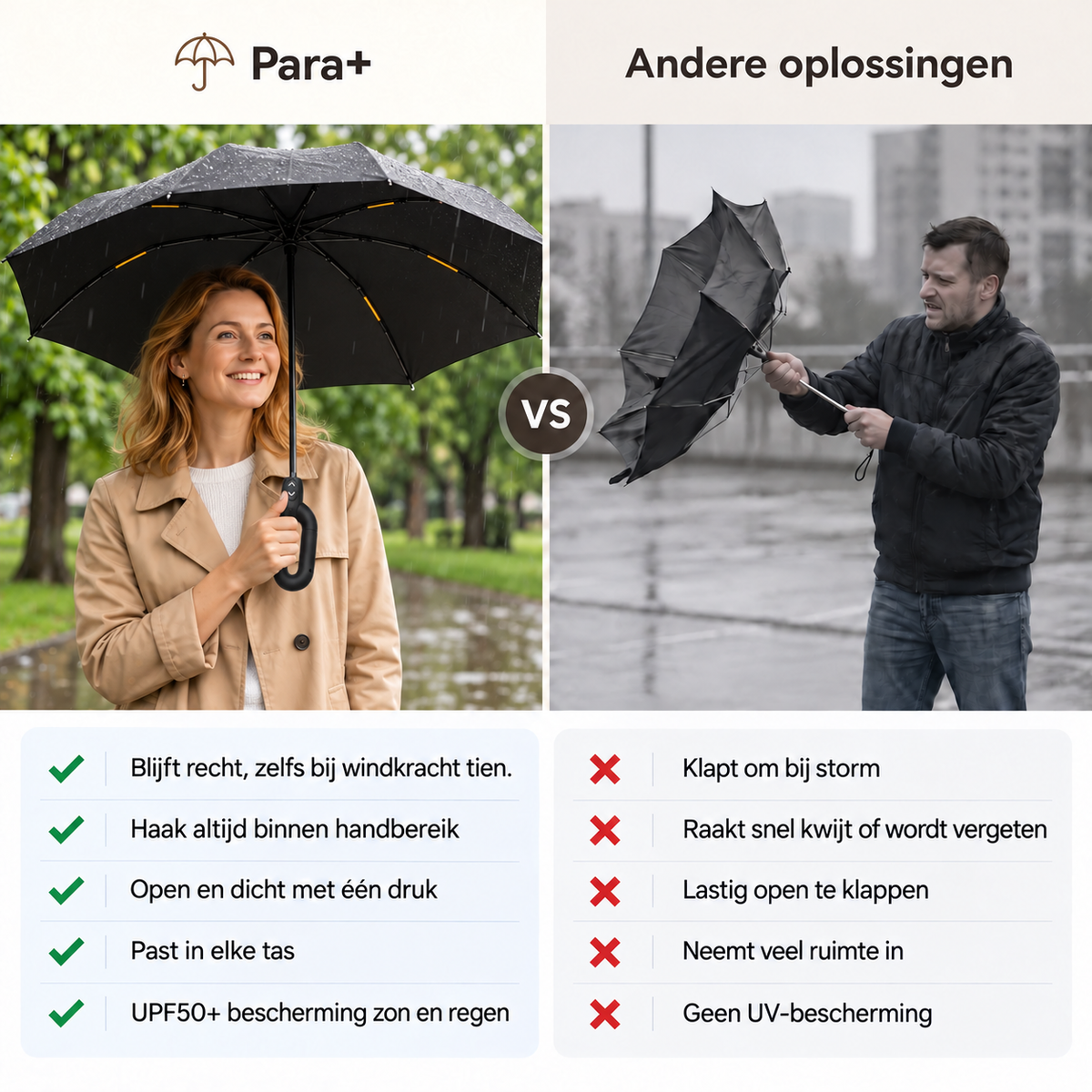 Para+™ – Extra sterke stormparaplu. Haak vast en neem mee.