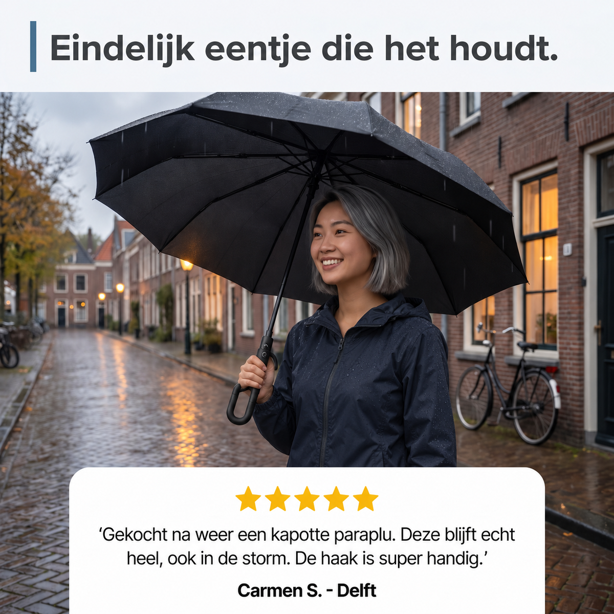 Para+™ – Extra sterke stormparaplu. Haak vast en neem mee.