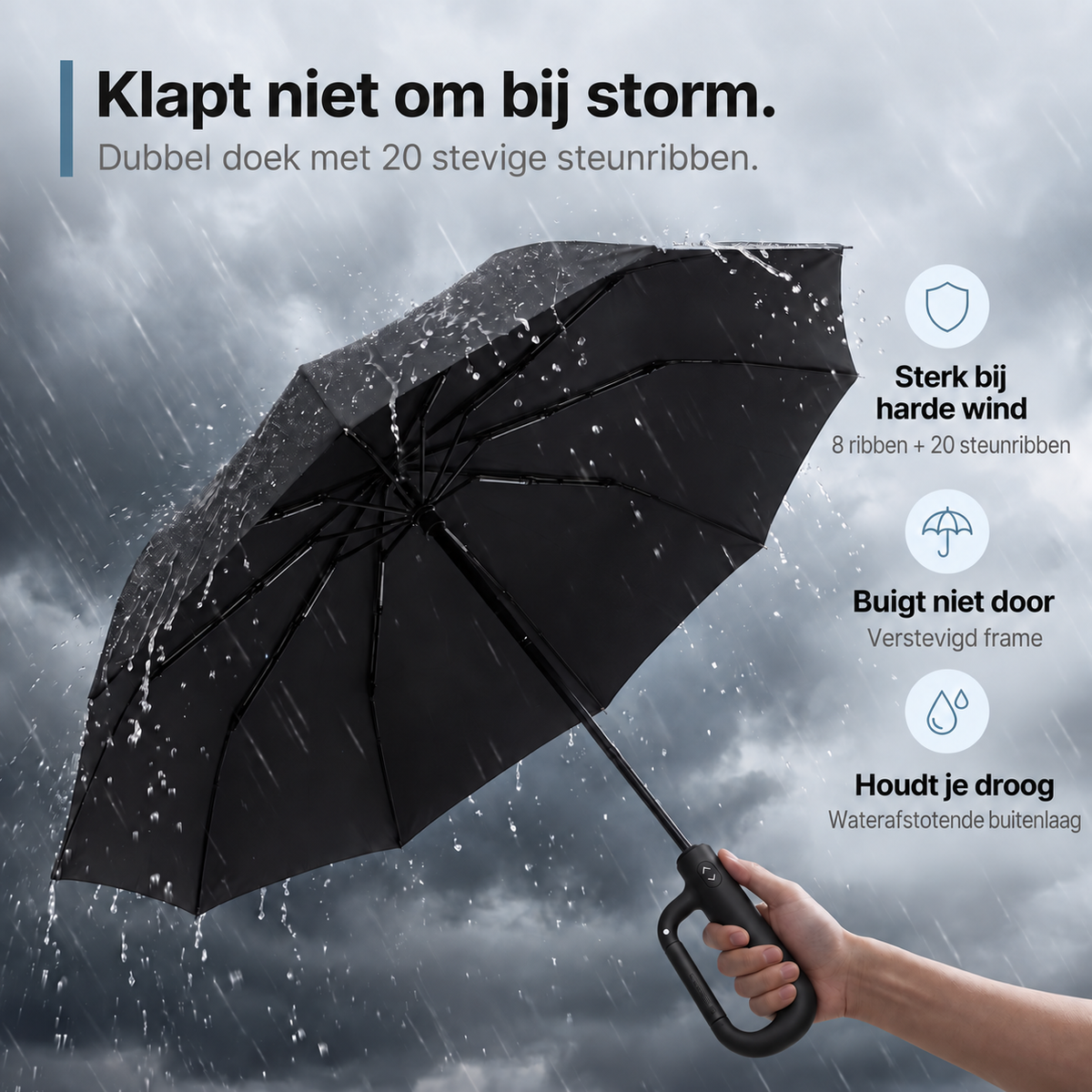 Para+™ – Extra sterke stormparaplu. Haak vast en neem mee.