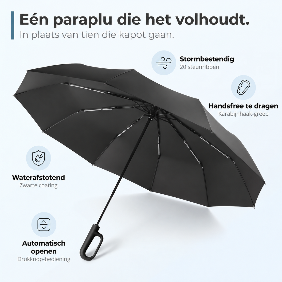 Para+™ – Extra sterke stormparaplu. Haak vast en neem mee.