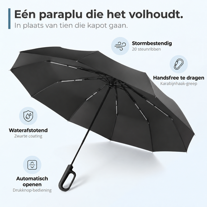 Para+™ – Extra sterke stormparaplu. Haak vast en neem mee.