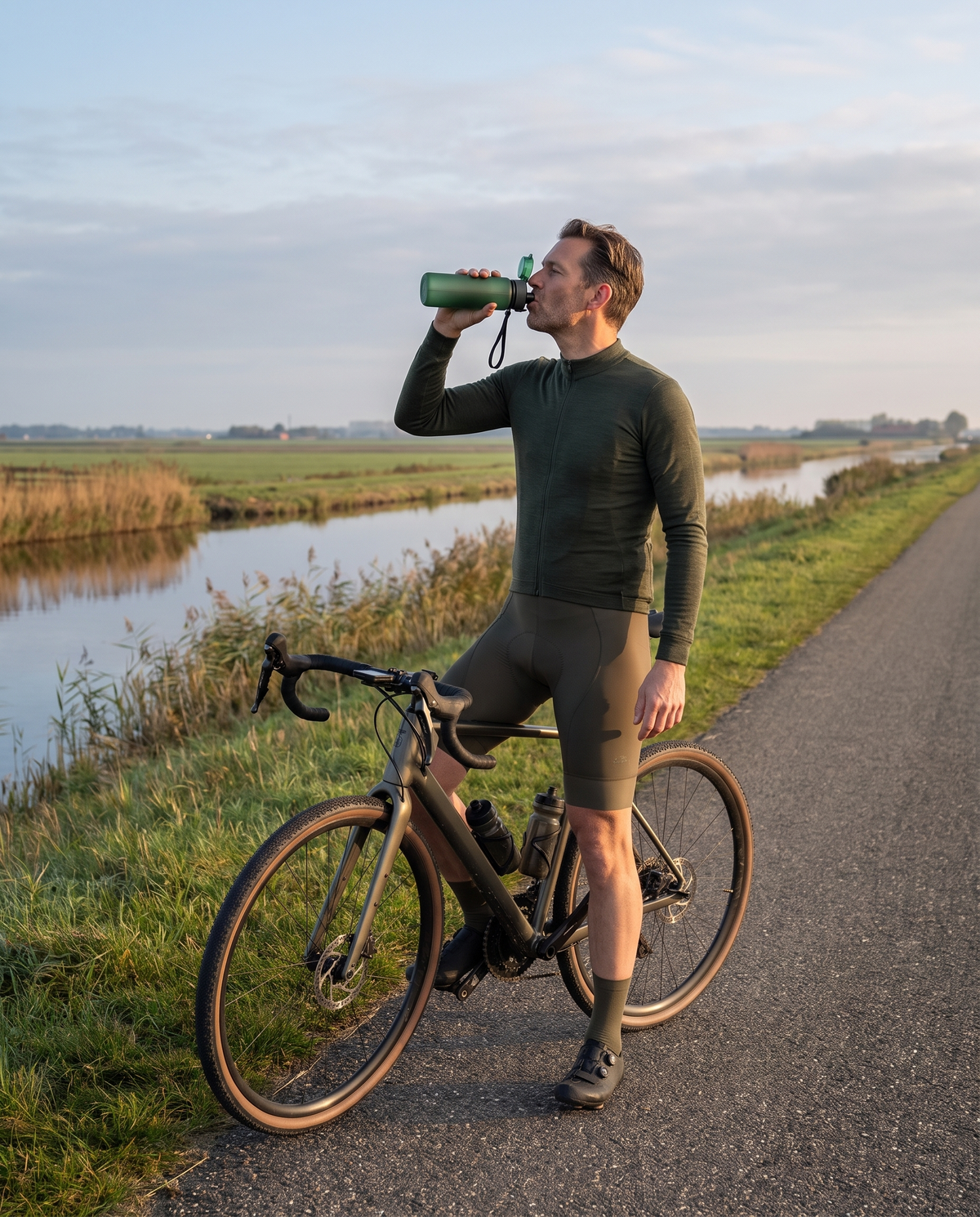 Fietser die tijdens een pauze water drinkt uit een MAVONI fles