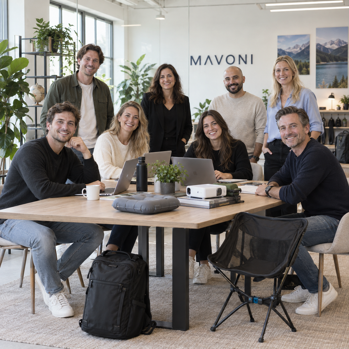 Het MAVONI team aan een werktafel met producten uit de collectie
